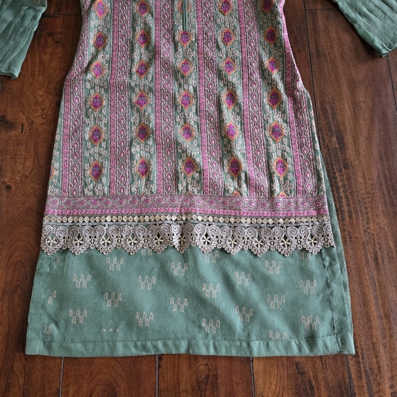 Embroidered Salwar Kameez Dupatta Long Scarf 100% Cotton Green Party Wear Dress - Picture 2 of 6